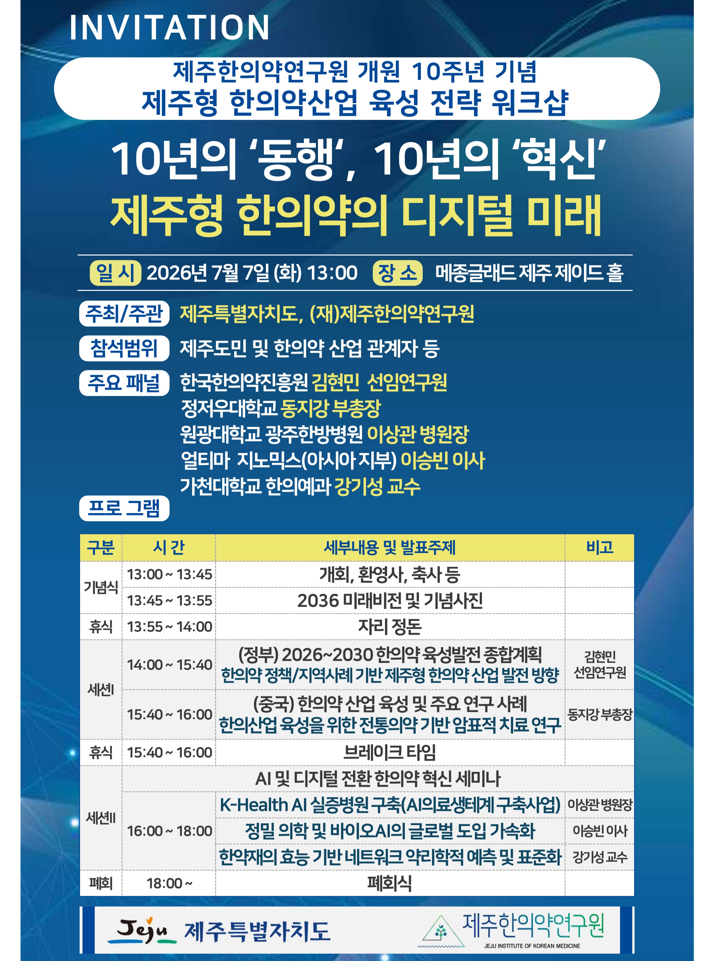 🎉 제주한의약연구원 개원 10주년 기념「제주형 한의약 산업 육성 전략 워크숍」 개최

제주한의약연구원은 개원 10주년을 맞아 지난 10년간의 연구 성과를 돌아보고, 미래 10년을 향한 새로운 비전과 제주형 한의약 산업의 발전 방향을 함께 모색하는 「제주형 한의약 산업 육성 전략 워크숍」을 개최합니다.

이번 워크숍은 '10년의 동행, 10년의 혁신 : 제주형 한의약의 디지털 미래'를 주제로, AI와 디지털 전환 시대에 대응하는 제주형 한의약 산업의 미래 전략을 공유하고 산·학·연·관 전문가들과 함께 지속 가능한 발전 방안을 논의하는 뜻깊은 자리입니다.

📅 일시
2026. 7. 7.(화) 13:00~

📍 장소
메종글래드 제주(제이드홀)

제주한의약연구원은 앞으로도 제주 특화 한의약 자원의 가치 창출과 바이오·헬스케어 산업 발전을 선도하며, 도민과 함께 성장하는 연구기관으로 나아가겠습니다.

많은 관심과 응원 부탁드립니다 😊

#제주한의약연구원 #개원10주년 #제주형한의약 #한의약 #바이오헬스케어 #AI #디지털전환 #워크숍